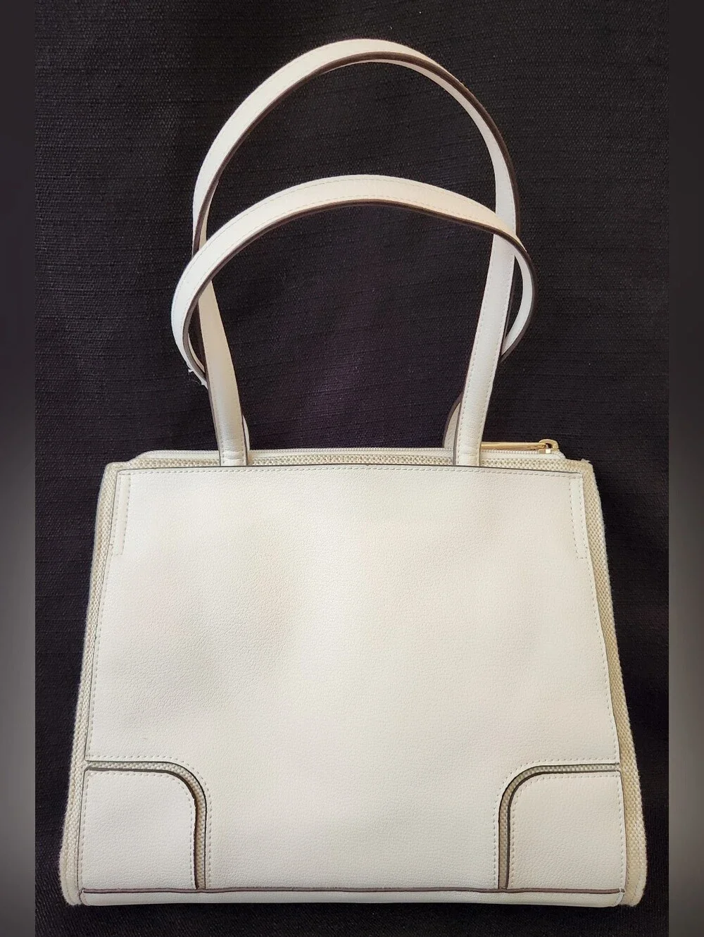 Antonio Melani White Leather Canvas Tote Bag Shoulder Purse Multi Pocket